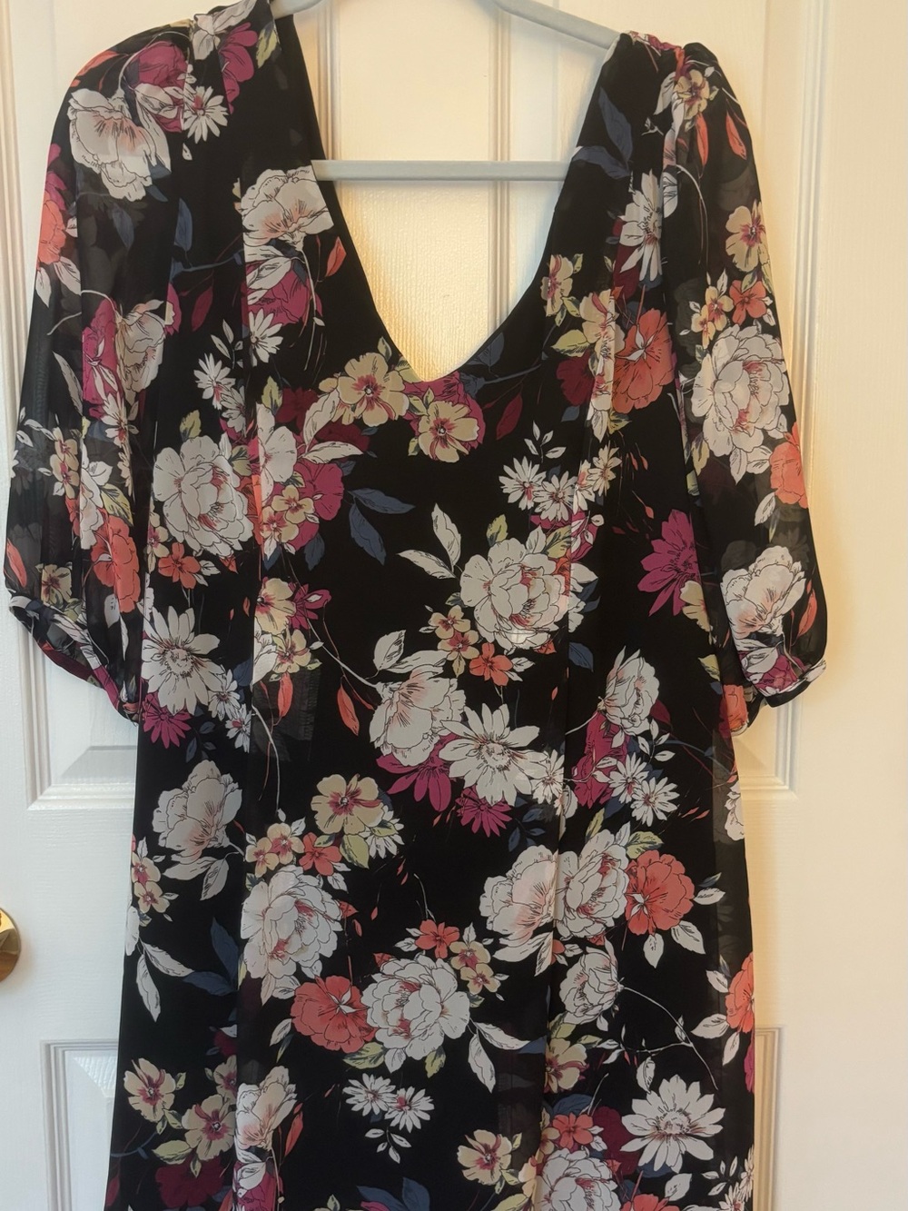 connected apparel Black Floral V-Neck Tunic with Pink & Coral Blooms